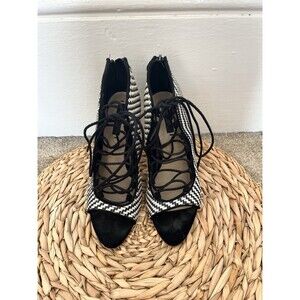 Zara sz 6.5 Black White Chevron Square Peep Toe Lace Up Stiletto Heels